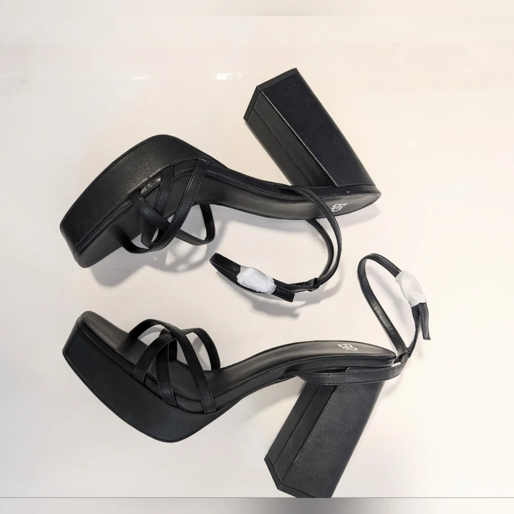 Black Platform Ankle-Strap Block Heel Sandal